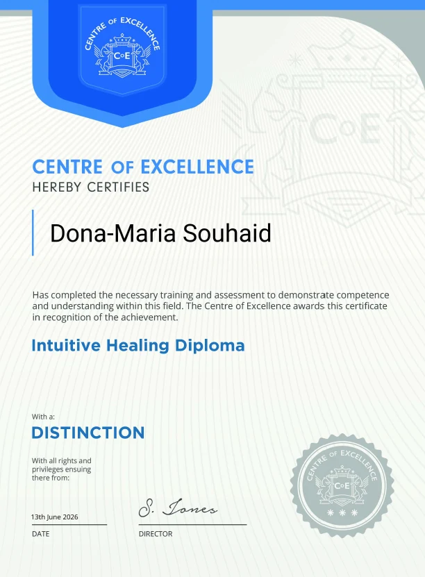 Intuitive Healing Diploma with Distinction from the Centre of Excellence, awarded to Dona-Maria Souhaid