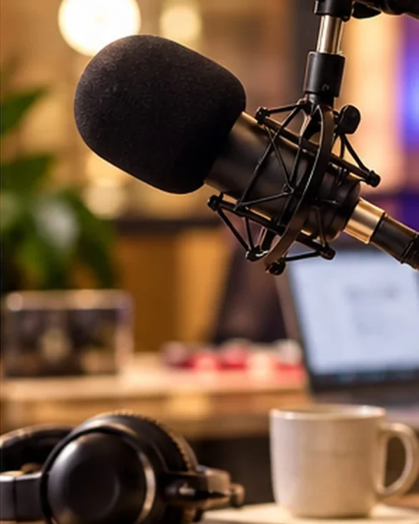 A studio microphone, headphones and a notebook ready for an interview