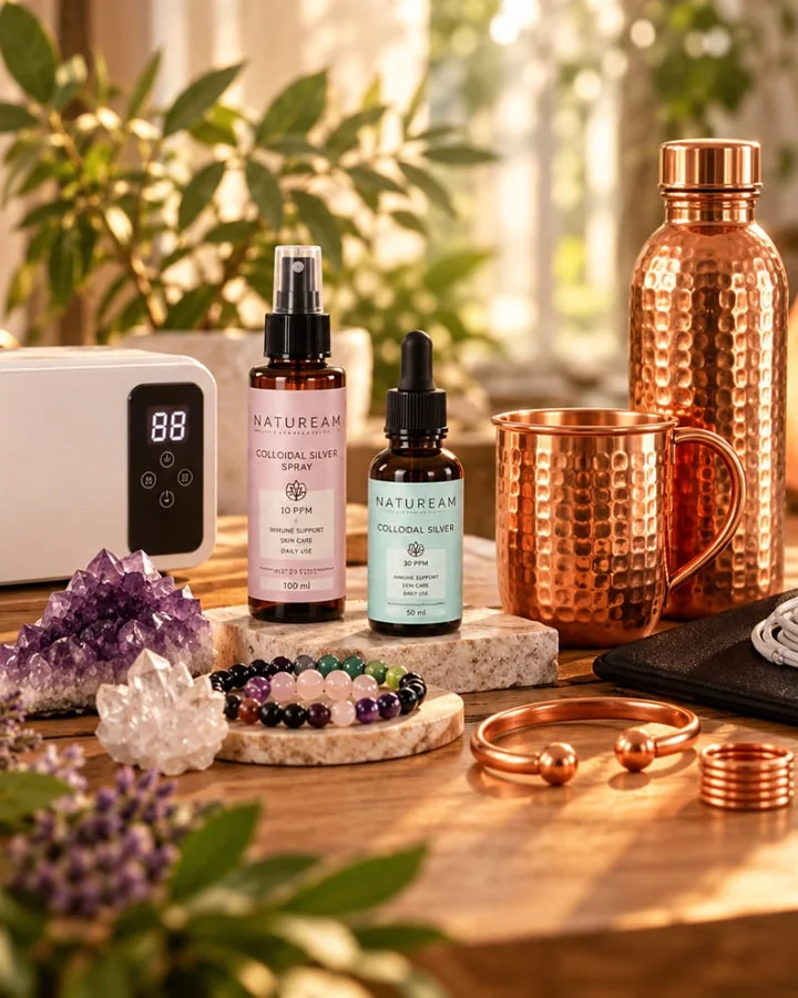 Copper bottle and mug, colloidal silver, the ozone purifier and crystals on a sunlit table
